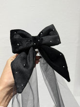 Load image into Gallery viewer, Black Velvet and Tulle Hair Bow with Swarovski Crystals
