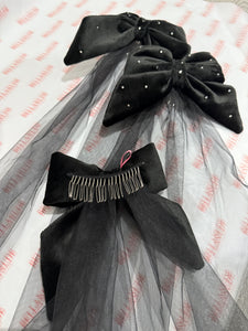 Black Velvet and Tulle Hair Bow with Swarovski Crystals