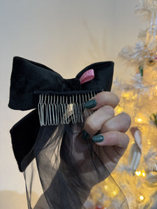 Black Velvet and Tulle Hair Bow with Swarovski Crystals